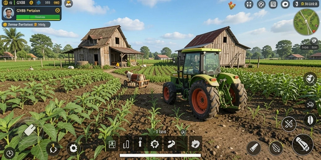 Tampilan gameplay GX88 dengan ladang yang subur dan hewan ternak.