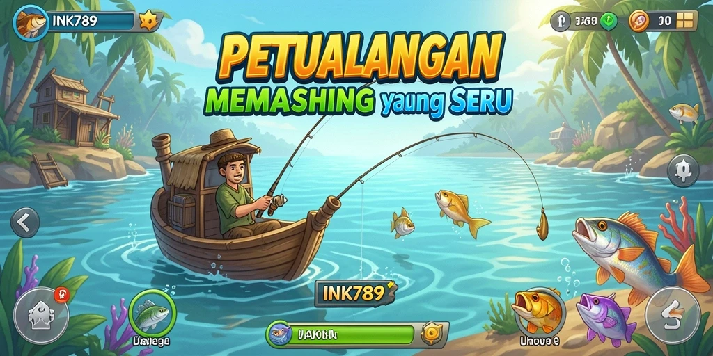 Tampilan gameplay INK789 dengan berbagai jenis ikan dan lokasi memancing.