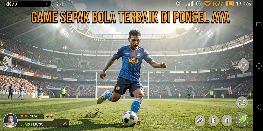 Tampilan aksi seru dalam RK77 yang menangkap momen permainan sepak bola.