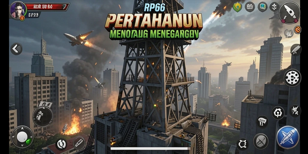 Screenshot gameplay RP66 yang menunjukkan menara bertahan melawan serangan musuh.