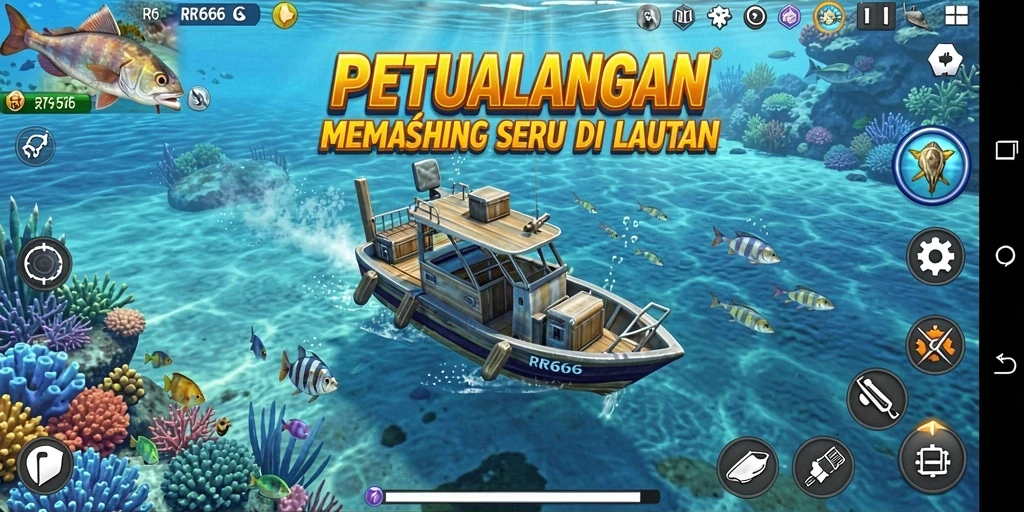 Screenshot gameplay RR666 menampilkan petualangan memancing yang mendebarkan.