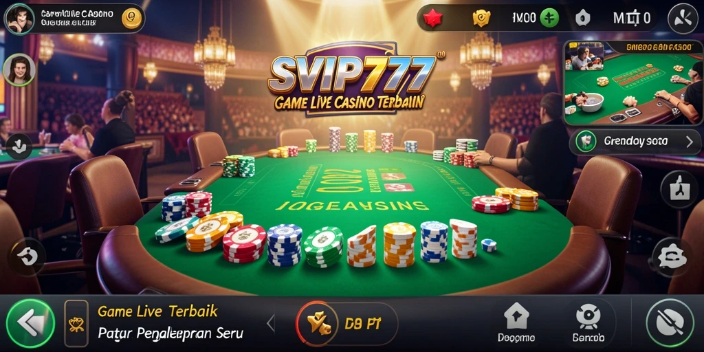 Screenshot gameplay SVIP777 menampilkan dealer langsung dan suasana casino yang meriah.