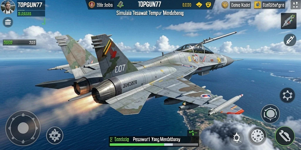 Tampilan gameplay <strong>TOPGUN77</strong> yang mendebarkan dalam simulasi terbang pesawat tempur.