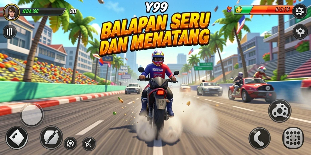 Gameplay Y89 menunjukkan balapan seru dengan mobil dan trek yang menantang.