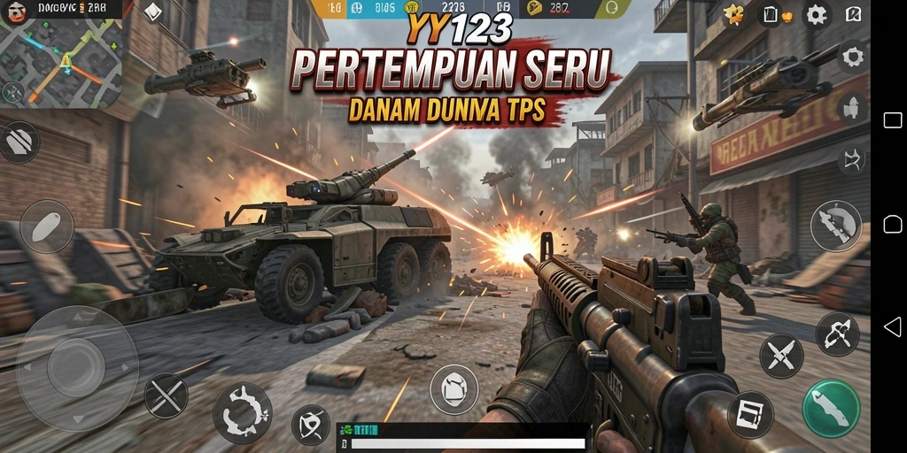 Tangkapan layar utama YY123 yang menunjukkan aksi seru dalam permainan TPS.